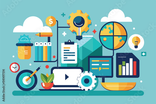 Customizable flat design illustrates various tools for improving efficiency in business environments, Efficiency Customizable Flat Illustration