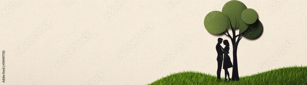 Couple embracing under tree grassy hillside romantic scene Couple embracing under tree grassy hillside romantic scene