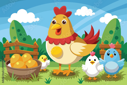 A colorful cartoon depicts a chicken with her chicks near a basket of eggs on a vibrant farm, Eggs and chicken Customizable Cartoon Illustration