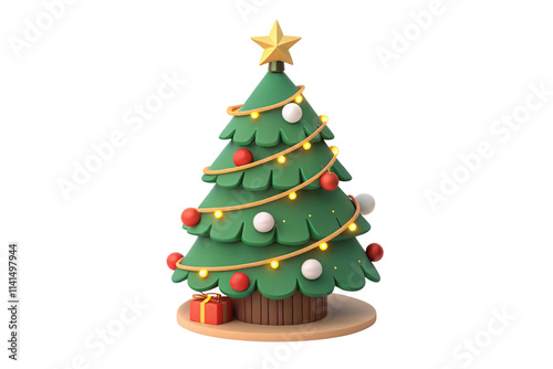 Christmas tree with layered green branches, red and white baubles, glowing string lights, a star topper, and a small gift beneath, against on a transparent background