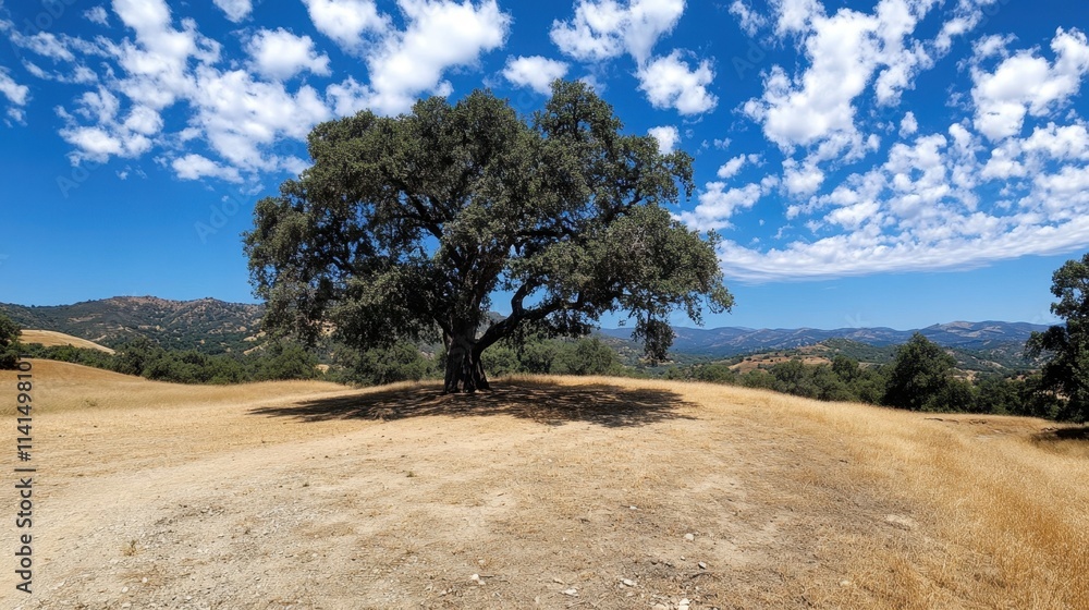 Majestic Oak Tree on Scenic Landscape Under Vibrant Blue Sky with Clouds Majestic Oak Tree on Scenic Landscape Under Vibrant Blue Sky with Clouds