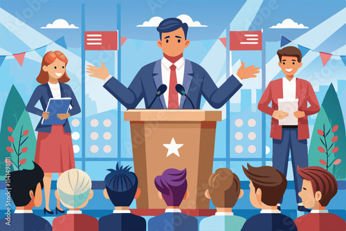 Campaign leader engages supporters while presenting key messages to rally enthusiasm and support, Election campaign, Leader at platform for press conference,