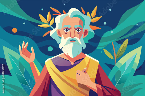 An elderly philosopher gestures thoughtfully, surrounded by vibrant foliage and abstract, swirling patterns, Elderly philosopher in togas abstract concept,