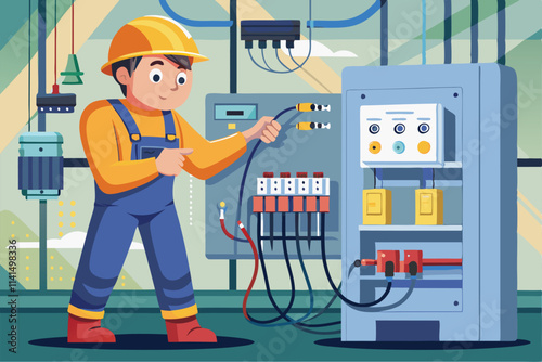 An electrician repairs an electrical panel while ensuring proper connections and safety, Electrician repairing electrical panel concept,