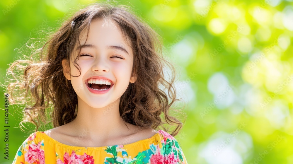 A joyful girl with curly hair smiling in a sunny outdoor setting. A joyful girl with curly hair smiling in a sunny outdoor setting.