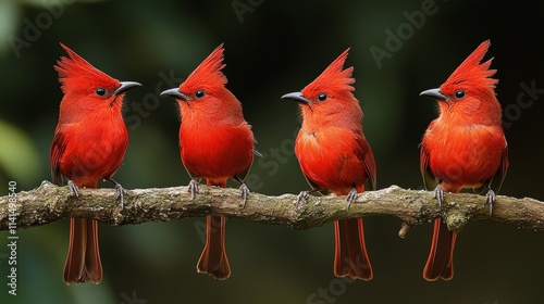 Four vibrant red birds perched on a branch in a natural setting. photo