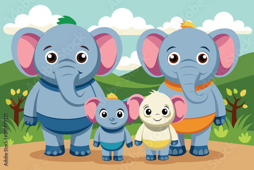 A cartoon elephant family stands together, smiling joyfully in a vibrant outdoor setting, Elephant family Customizable Cartoon Illustration