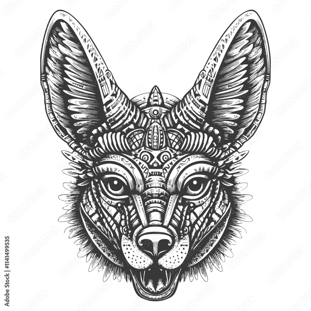 Naklejka premium Detailed Black And White Illustration Of A Wolfs Face With Geometric Patterns