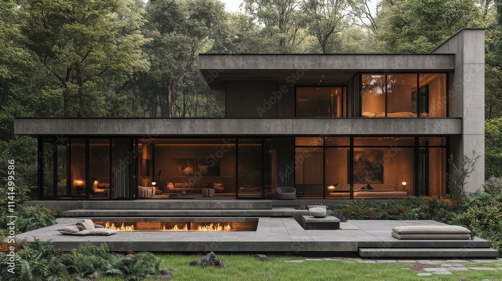 Modern Architectural Masterpiece in Serene Natural Setting Featuring Sleek Lines, Large Windows, and Inviting Outdoor Space with Cozy Fire Pit Surrounded by Lush Greenery Modern Architectural Masterpiece in Serene Natural Setting Featuring Sleek Lines, Large Windows, and Inviting Outdoor Space with Cozy Fire Pit Surrounded by Lush Greenery