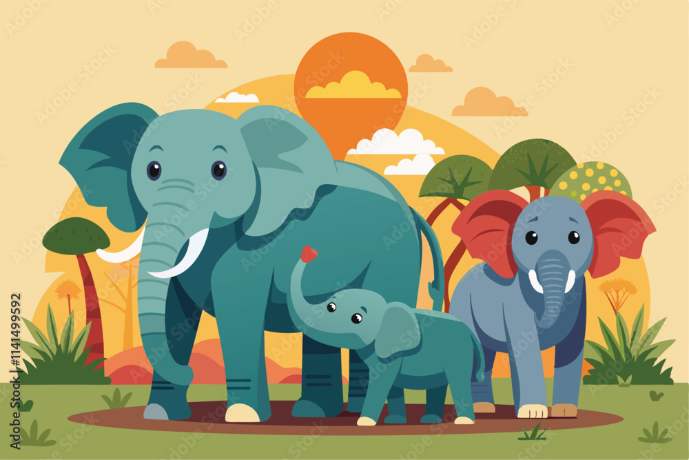 An elephant family enjoys their time together in a colorful landscape as the sun sets in the background, Elephant family Customizable Semi Flat Illustration An elephant family enjoys their time together in a colorful landscape as the sun sets in the background, Elephant family Customizable Semi Flat Illustration