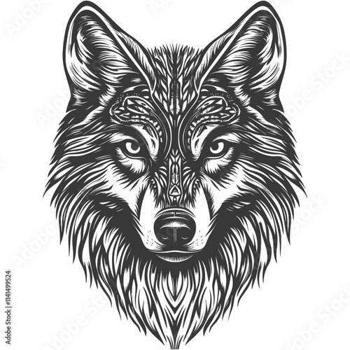 Detailed Black And White Illustration Of A Wolfs Head
