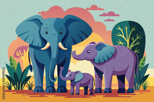 A joyful elephant family stands together in a colorful sunset savanna background, Elephant family Customizable Semi Flat Illustration