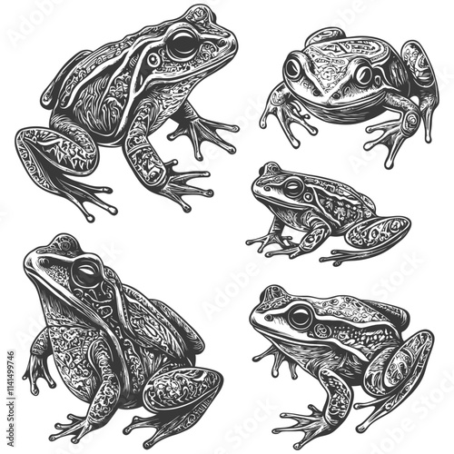 Detailed Black And White Illustrations Of Four Frogs