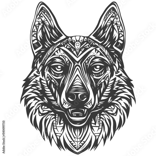 Detailed Black And White Tribal Wolf Head Illustration