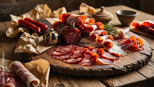 This rustic, inviting table spread featuring thinly sliced soppressata and bondiola captures the essence of traditional Italian picada. The rich reds, marbled whites, and deep golden hues meats. photo