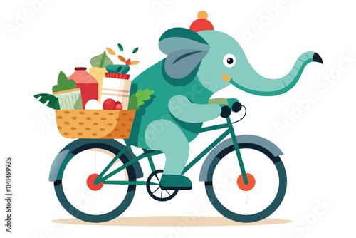 An elephant pedaling a bicycle with a basket full of various goods on its back, Elephant riding a bike with goods on white background