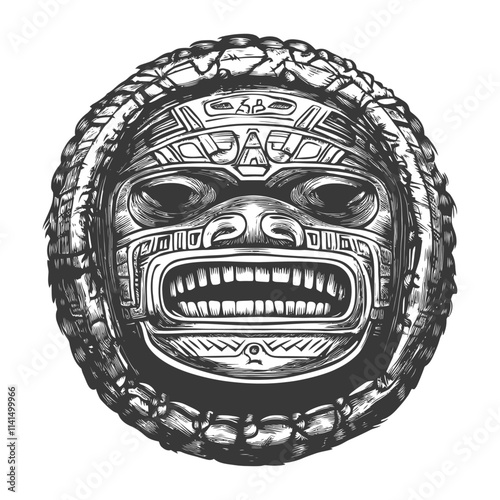 Detailed Hand Drawn Illustration Of An Ancient Aztec Gods Mask With Intricate Patterns