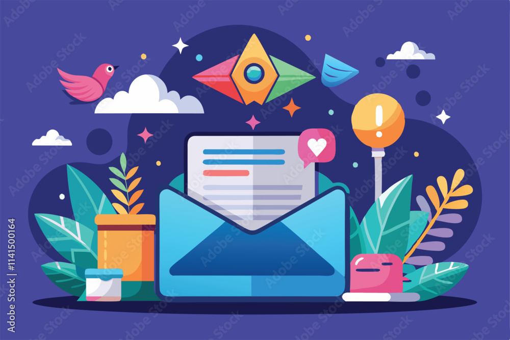 A colorful illustration representing a customizable email campaign with engaging elements and creative visuals, Email campaign Customizable Semi Flat Illustration A colorful illustration representing a customizable email campaign with engaging elements and creative visuals, Email campaign Customizable Semi Flat Illustration