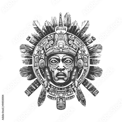 Detailed Illustration Of A Stylized Feathered Aztec Mask