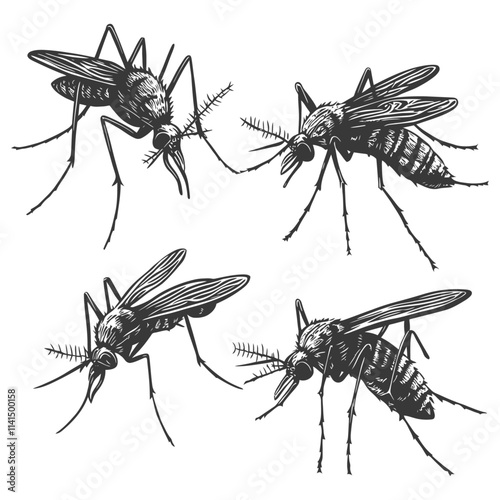 Detailed Illustration Of Four Mosquitoes In Various Poses
