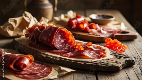 This rustic, inviting table spread featuring thinly sliced soppressata and bondiola captures the essence of traditional Italian picada. The rich reds, marbled whites, and deep golden hues meats. photo