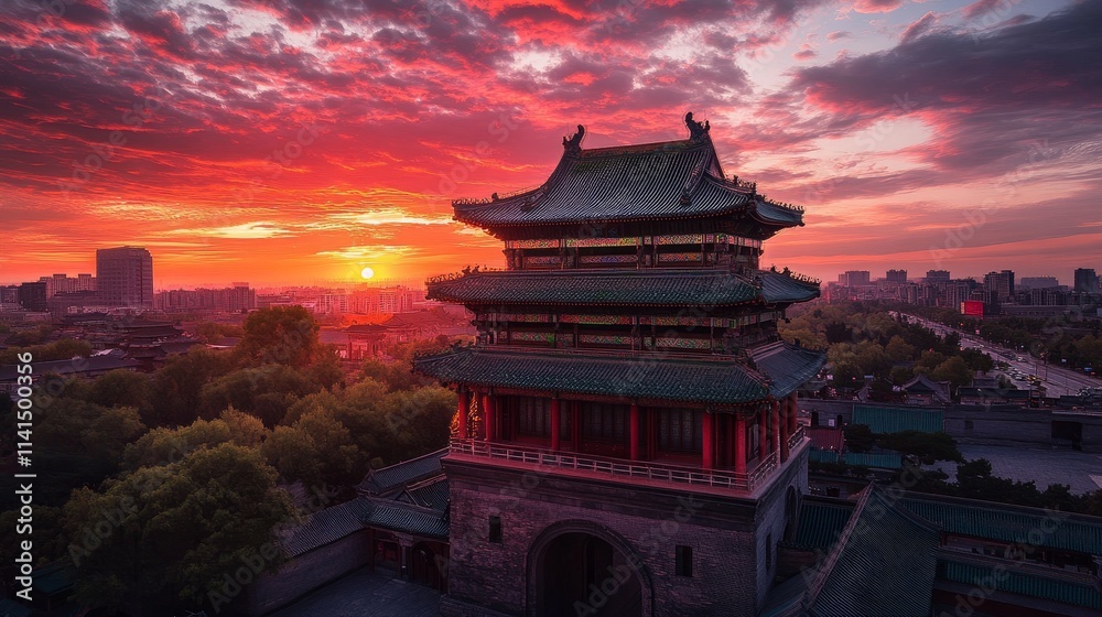 A stunning sunset view over a traditional Chinese tower, highlighting architecture and nature. A stunning sunset view over a traditional Chinese tower, highlighting architecture and nature.