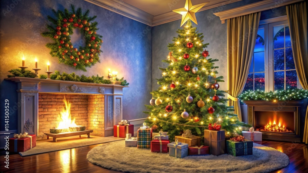 Festive Christmas Tree with Star and Gifts in a Cozy Living Room Setting for Holiday Celebrations