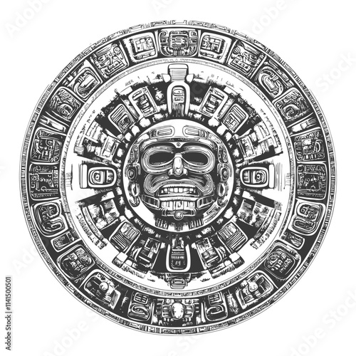 Hand Drawn Illustration Of A Mayan Calendar With A Face In The Center