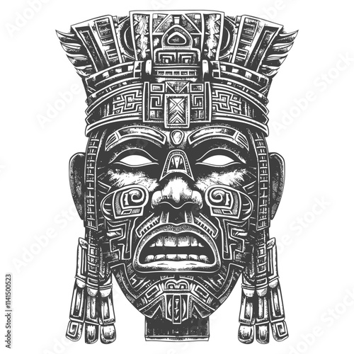 Hand Drawn Illustration Of A Detailed Ancient Mayan Mask