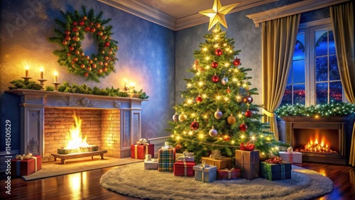 Festive Christmas Tree with Star and Gifts in a Cozy Living Room Setting for Holiday Celebrations