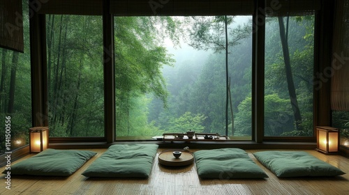 Serene Indoor Space with Green Cushions Overlooking Lush Forest and Misty Landscape, Perfect for Relaxation and Mindfulness Retreats in Nature