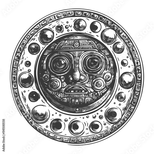 Hand Drawn Illustration Of An Ancient Mayan Deity With Intricate Details