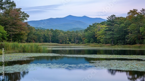 Serene Mountain Reflection in Tranquil Lake Surrounded by Lush Greenery