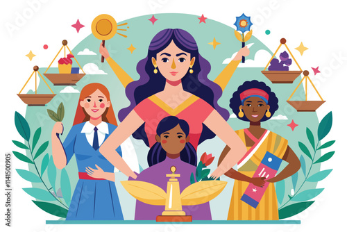 Four diverse women symbolize empowerment and justice amidst nature, advocating for women's rights and equality, Emancipation of women Customizable Flat Illustration