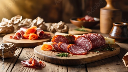 This rustic, inviting table spread featuring thinly sliced soppressata and bondiola captures the essence of traditional Italian picada. The rich reds, marbled whites, and deep golden hues meats. photo