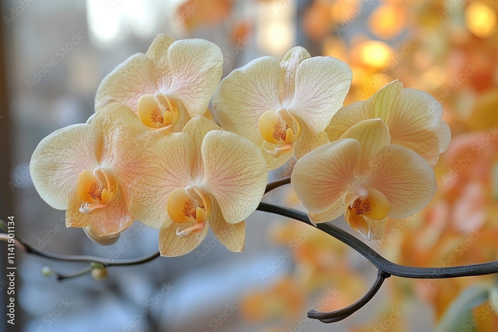 Delicate Pale Yellow Orchid Blooms with a Blurred Background