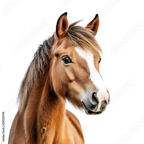 Majestic brown horse portrait with head and eye visible in countryside landscape photo