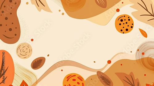 A warm, abstract autumn-themed background with leaves and circular shapes.