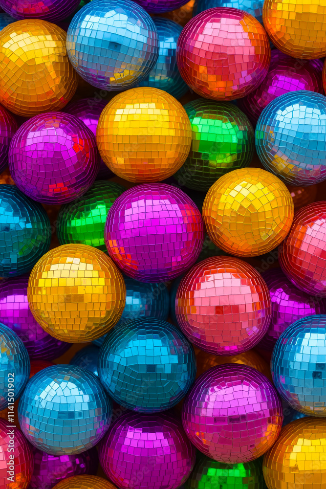 A bunch of colorful disco balls are arranged in a pile A bunch of colorful disco balls are arranged in a pile