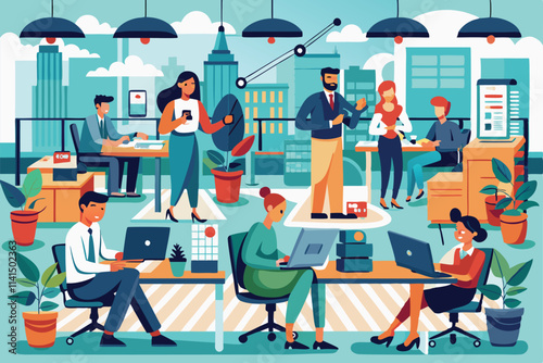 Employees collaborate and work on projects while utilizing technology in a bright, modern office space, Employees and workers at workplace,