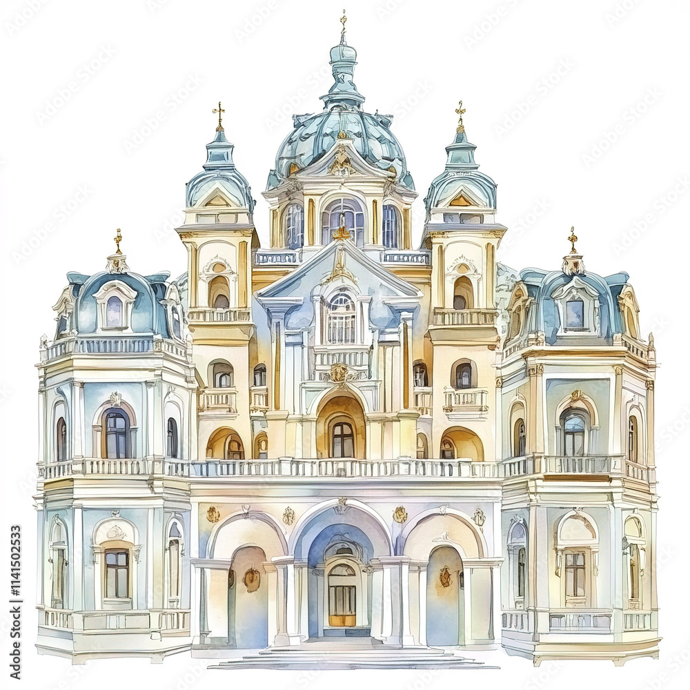 majestic palace with intricate architectural elements in watercolor style majestic palace with intricate architectural elements in watercolor style