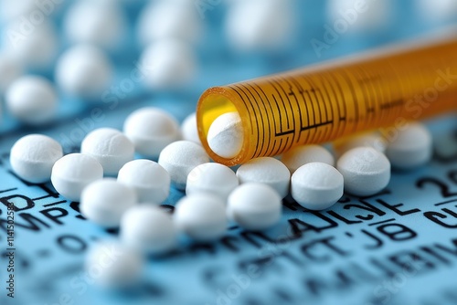 White Pills Spilled From a Yellow Plastic Bottle photo