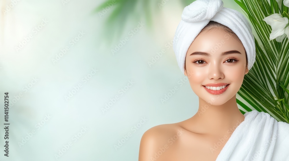 Serene moment, woman with a towel wrapped around her head after shower Serene moment, woman with a towel wrapped around her head after shower