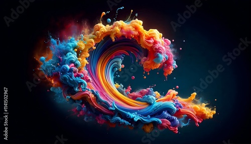 Vibrant Abstract Wave of Multicolored Paint Splash Representing Creativity, Energy, and Artistic Expression on a Dark Background