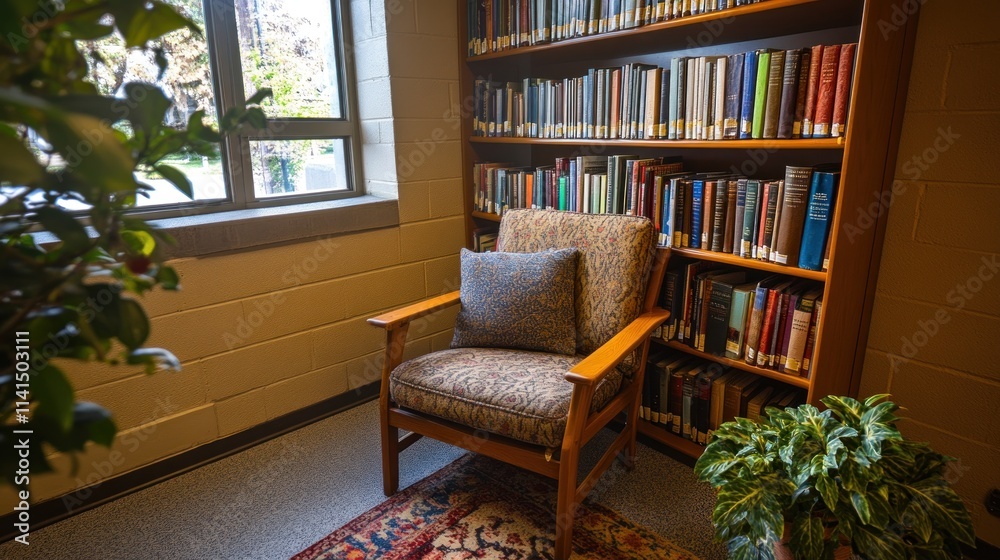 Cozy Reading Corner with Chair and Bookshelves by a Window Cozy Reading Corner with Chair and Bookshelves by a Window