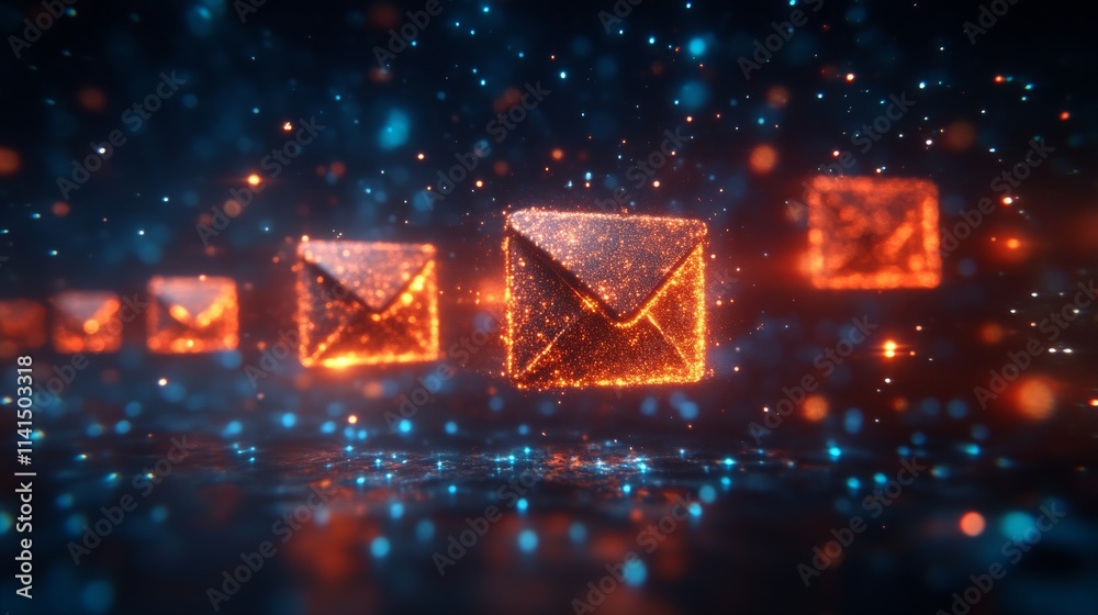 Glowing digital envelopes with abstract particle Glowing digital envelopes with abstract particle