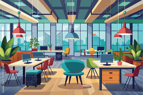 Bright and spacious coworking area filled with plants and modern furniture, ideal for collaboration and focus, Empty modern coworking space illustration