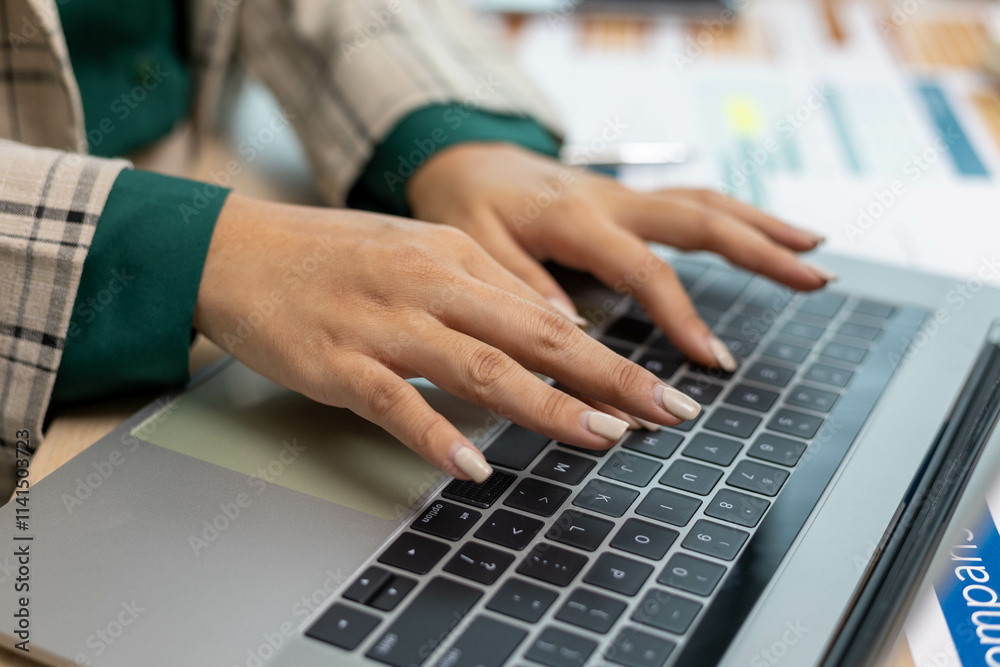 A woman is typing on a laptop with a green jacket on. She is using a keyboard with a black and white design A woman is typing on a laptop with a green jacket on. She is using a keyboard with a black and white design