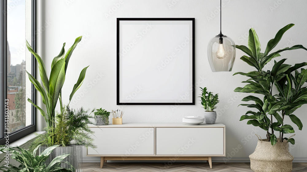 The frame on the wall with white mockup in room The frame on the wall with white mockup in room