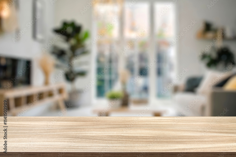 empty wooden table top blurred view of modern living room with sofa and soft bench. room interior with couch, armchair and coffee table or shelving units. stylish living room. comfortable workplace.